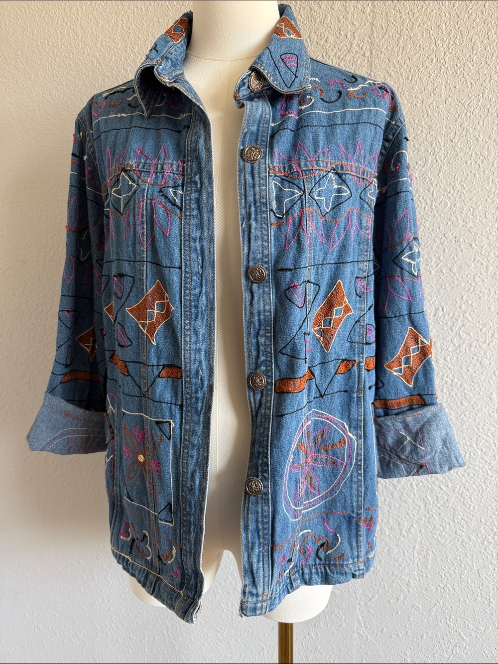 Embroidered Jean Jacket - Blue with Multicolor Stitching